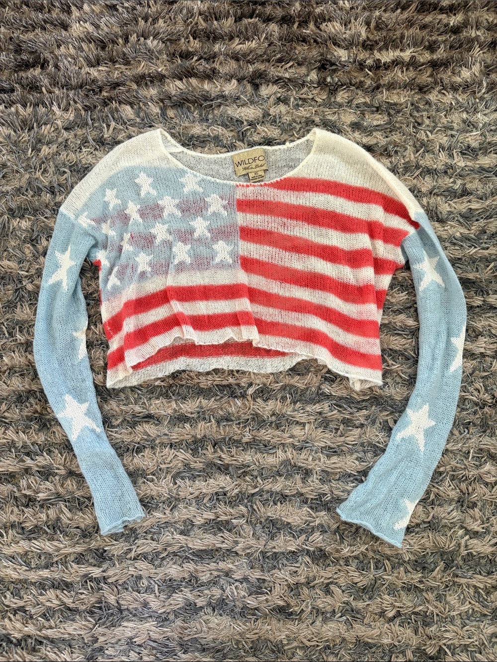 Wildfox Red White & Light Blue US Flag Star Stripe Wool Blend Cropped Sweater XS